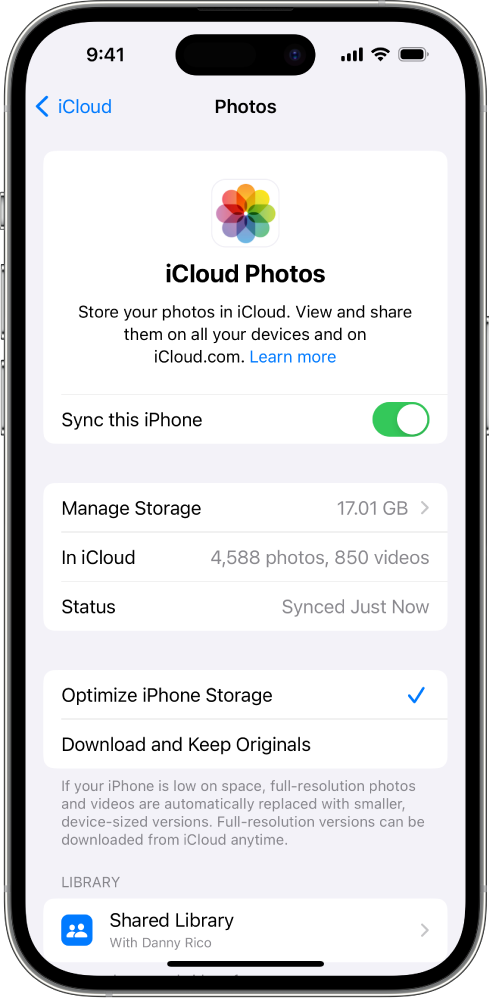 iCloud 設定中的「iCloud 照片」畫面。「同步此 iPhone」已開啟。