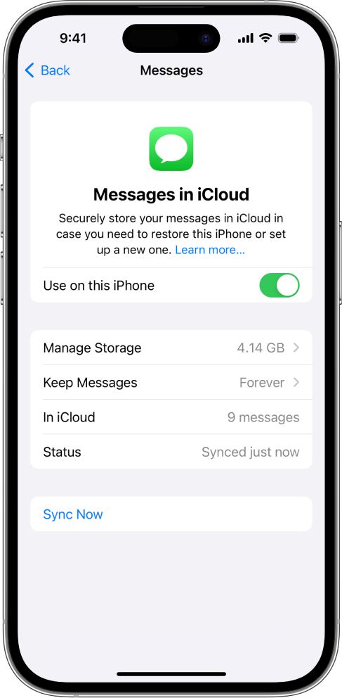 Écran Messages dans les réglages iCloud. L’option Synchroniser cet iPhone est activée.