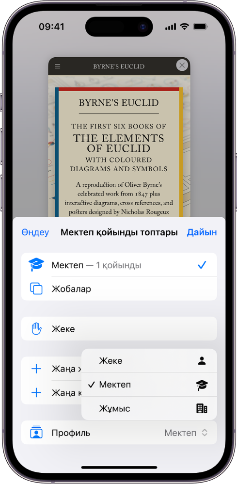 Safari профилі мәзірінде «Мектеп» деп аталатын профиль таңдалады, ал «Мектеп қойындысының топтары» мәзірі экранның төменгі жартысында ашық.