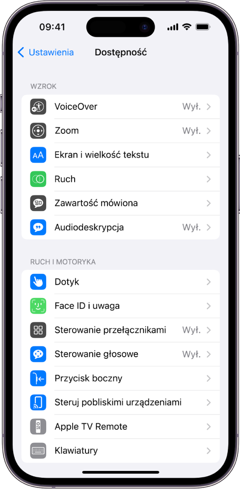 Ekran Dostępność w Ustawieniach, zawierający następujące wbudowane funkcje, od góry: Funkcje dotyczące wzroku, takie jak VoiceOver, Zoom, Ekran i wielkość tekstu, Ruch, Zawartość mówiona, Audiodeskrypcja. Funkcje dotyczące ruchu i motoryki, takie jak Dotyk oraz Face ID i uwaga.