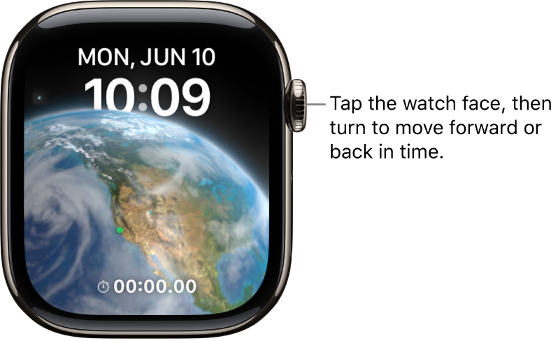 The Astronomy watch face, which displays the day, date, and current time. A timer complication is at the bottom. Tap the watch face, then turn the Digital Crown to move forward or back in time.