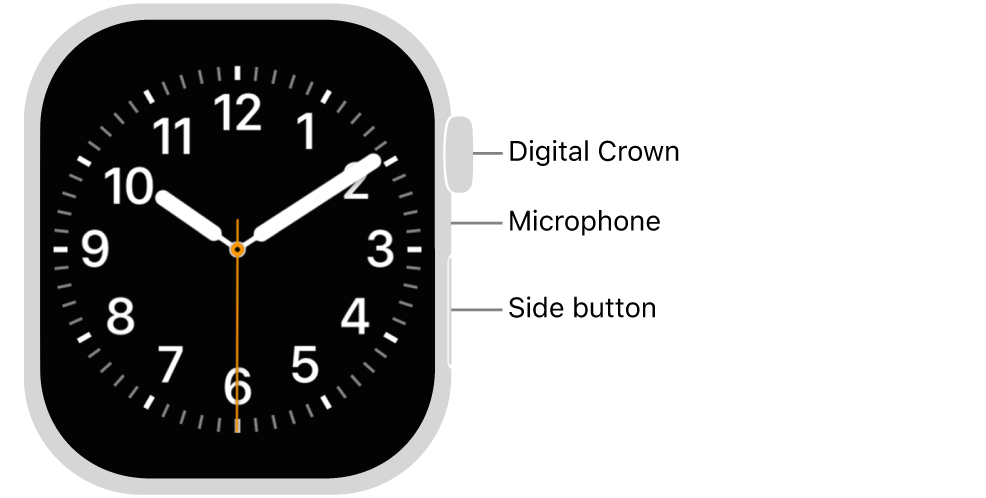 The front of Apple Watch Series 10, with the display showing the watch face, and the Digital Crown, microphone, and side button from top to bottom on the side of the watch.