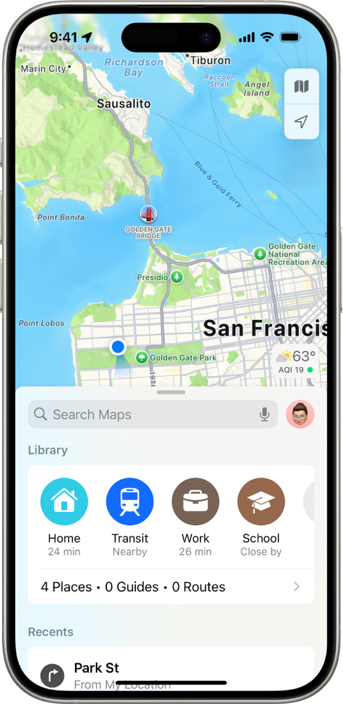 The Maps screen showing the search field in the lower half of the screen. Below the search field are the following locations saved as Favorites: Home, Work, Transit, and School.