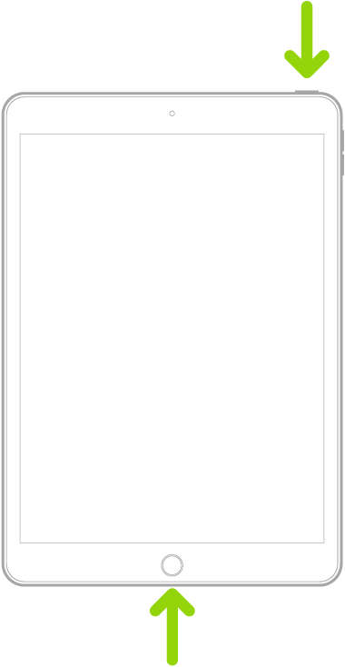 iPad ที่มีปุ่มโฮม: ลูกศรชี้ไปที่ปุ่มโฮมและปุ่มด้านบน