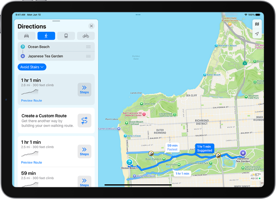 Multiple walking route options are shown in the Maps app.