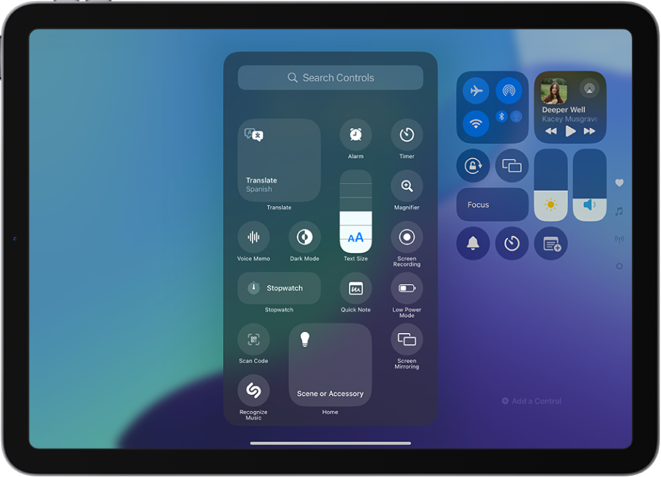 A screen showing controls you can add to Control Center, such as Text Size, Dark Mode, and Quick Note.