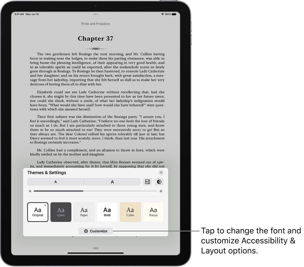 A page of a book in the Books app. The Themes & Settings options show controls for font size, scrolling view, page turn style, brightness, and font styles.