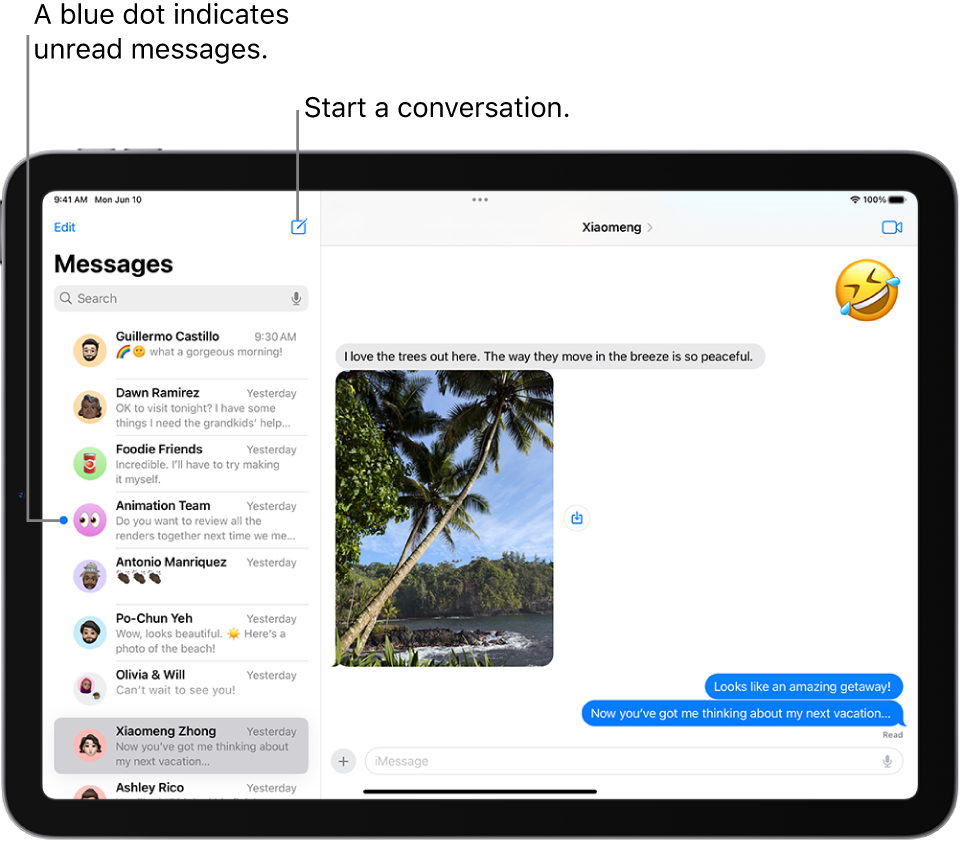 The conversation list on the left and a conversation on the right. Tap the Compose button at the top right of the conversation list to start a new message. A blue dot to the left of a message indicates it’s unread.
