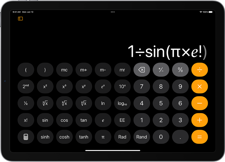 iPad med den avancerade kalkylatorn för exponential- och logaritmfunktioner samt trigonometriska funktioner.