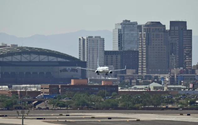 Downtown Phoenix is obscured by heat ripples as a jet lands at Sky Harbor International Airport in Phoenix on Sept. 3, 2024. (Matt York/AP Photo)