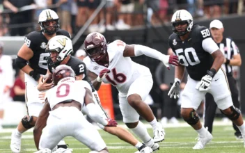 Aeneas Peebles #16 of the Virginia Tech Hokies goes for a tackle on during the second half of the game at FirstBank Stadium in Nashville, Tenn., on Aug. 31, 2024. (Johnnie Izquierdo/Getty Images)