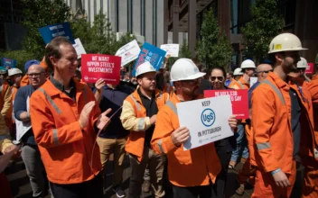 US Steel Corporation workers rally outside the company's headquarters in Pittsburgh, Pennsylvania, supporting the takeover by Japan's Nippon Steel, on September 4, 2024. United States Steel warned Wednesday it could shut its Pittsburgh headquarters and shutter long-running factories in Pennsylvania if the politically sensitive takeover by Nippon is blocked. (Rebecca Droke/ AFP via Getty Images)