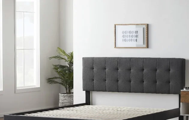 This photo provided by the Consumer Product Safety Commission shows a Lucid Platform Bed with an upholstered square tufted headboard that is being recalled across the U.S. and Canada, Thursday, Sept. 19, 2024, because they can break during use. (Consumer Product Safety Commission via AP)