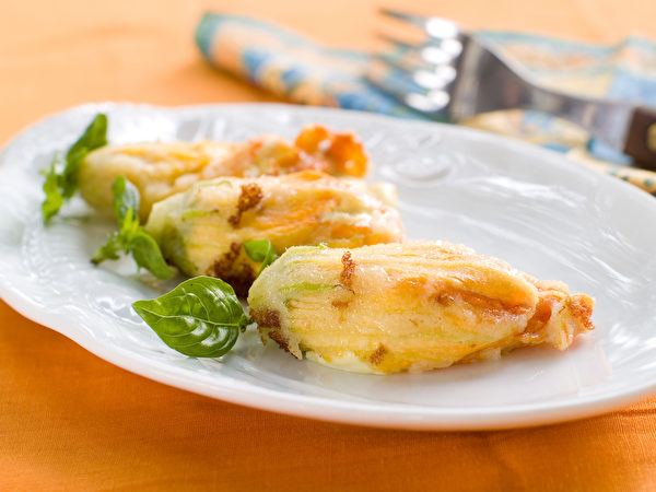 Stuffed Zucchini Flower On Plate Selective Focus