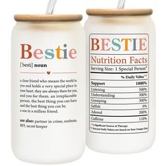 two white jars with labels on them that say bestie and nutrition fact