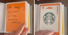 someone is holding an open starbucks card in front of a book with writing on it