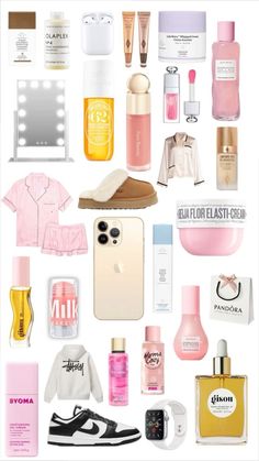 the contents of a woman's purse are shown in this collage, including perfumes and shoes