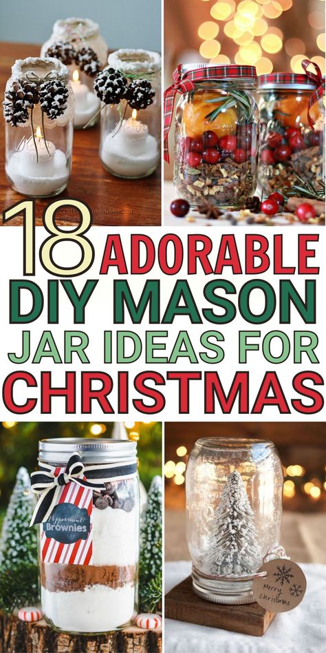 Create the perfect look for your home this holiday season with these 18 adorable mason jar crafts. With so many ideas to choose from you'll be able to find something that suits everyone on your list! These are also great gifts for friends, family or coworkers. Make one of these easy crafts today! Natal, Diy Mason Jar Christmas Gifts, Diy Mason Jar Gifts Christmas, Christmas Mason Jar Crafts, Jar Christmas Gifts, Diy Christmas Crafts To Sell, Mason Jar Christmas Decorations, Easy Mason Jar Crafts, Mason Jar Ideas