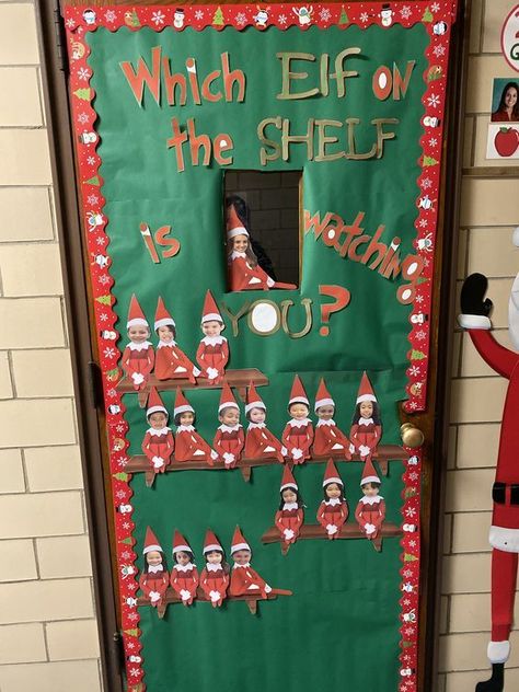 Elf On The Shelf Classroom Door Ideas, Elf On Shelf Door Decoration, Elf On The Shelf Classroom Door, Christmas Door Decoration For Classroom, Christmas Decorating Themes Office, Elf Classroom Door Ideas, Elf Classroom Decorations, Elf On The Shelf Door Decorating Contest, Elf On The Shelf Door Ideas