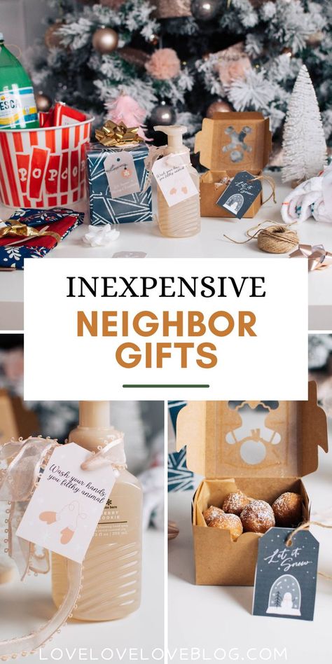 Inexpensive neighbor gifts for Christmas. Diy Gifts For Neighbors Christmas, What To Give Neighbors For Christmas, Easy Gifts For Neighbors, Neighbor Xmas Gifts, Cute Inexpensive Christmas Gifts, Christmas Gift Baskets For Neighbors, Gift For Neighbors Christmas, Homemade Gifts For Neighbors, Christmas Goodie Bags For Neighbors