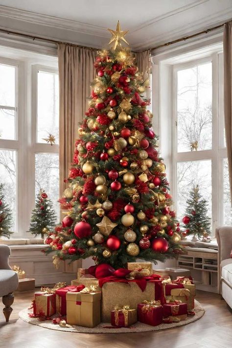 17 Unforgettable Christmas Tree Decor Ideas You Need Natal, Christmas Tree Red And Gold, Burgundy And Gold Christmas, Red Gold Christmas Tree, Pre Decorated Christmas Tree, Gold Christmas Tree Ideas, White Christmas Garland, Christmas Tree Decor Ideas, Tree Decor Ideas