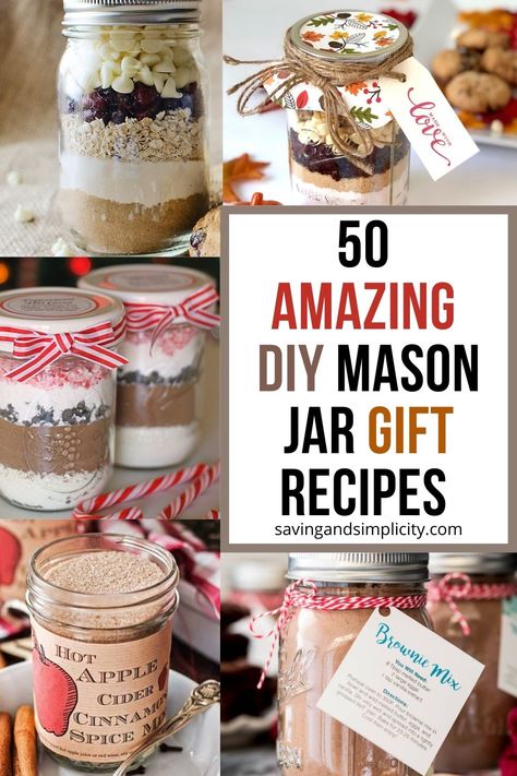 Discover 50 amazing mason jar recipes you can gift all year. DIY gifts in a gar. Cookie recipes in a mason jar, hot cocoa mix in a mason jar and so much more. Mason jar gifts including baking mixes in a jar, meals in a jar, soup mixes in a jar and other amazing mason jar crafts prefect for holiday gift giving. Christmas Crafts To Sell Make Money Mason Jars, Recipe Basket Gift, Natal, Pint Size Mason Jar Gifts Christmas, Homemade Muffin Mix In A Jar, Mason Jar Recipes Gifts Dry Mixes Hot Chocolate, Hot Cocoa Jars Gift, Pint Jar Crafts, Soup Kits In A Jar