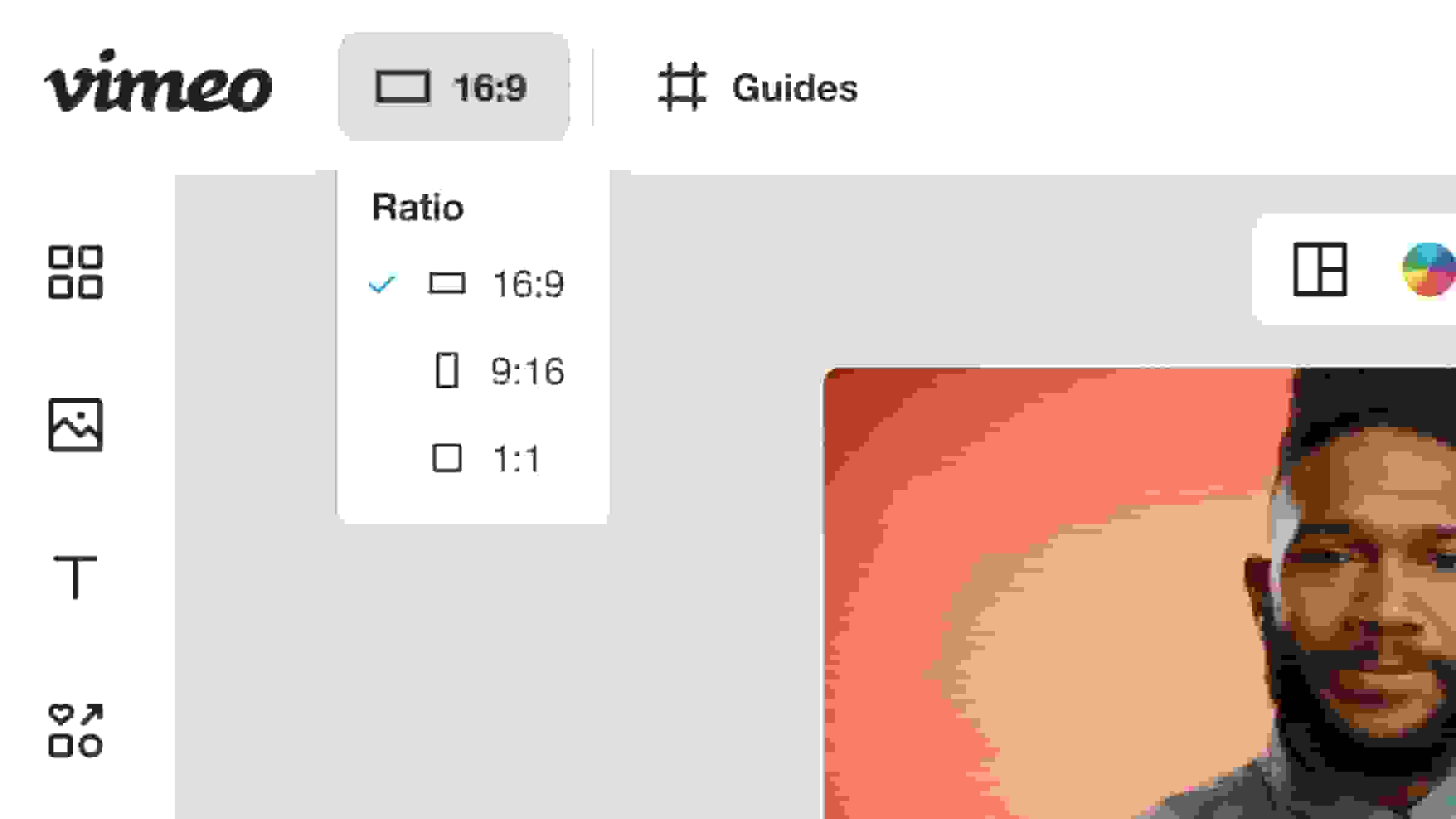 Resize video of a man using Vimeo by selecting different aspect ratios.