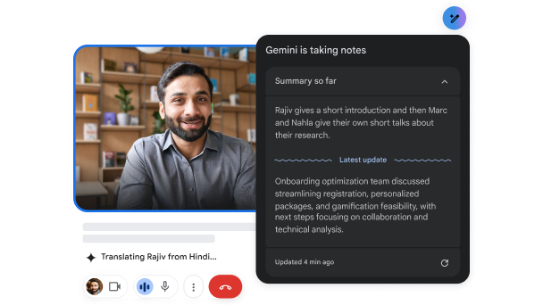 ในระหว่างวิดีโอคอล Gemini ใน Meet จะแปลภาษาฮินดีเป็นภาษาอังกฤษและจดโน้ต
