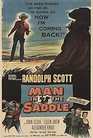 Randolph Scott, Ellen Drew, Joan Leslie, and Richard Rober in Man in the Saddle (1951)