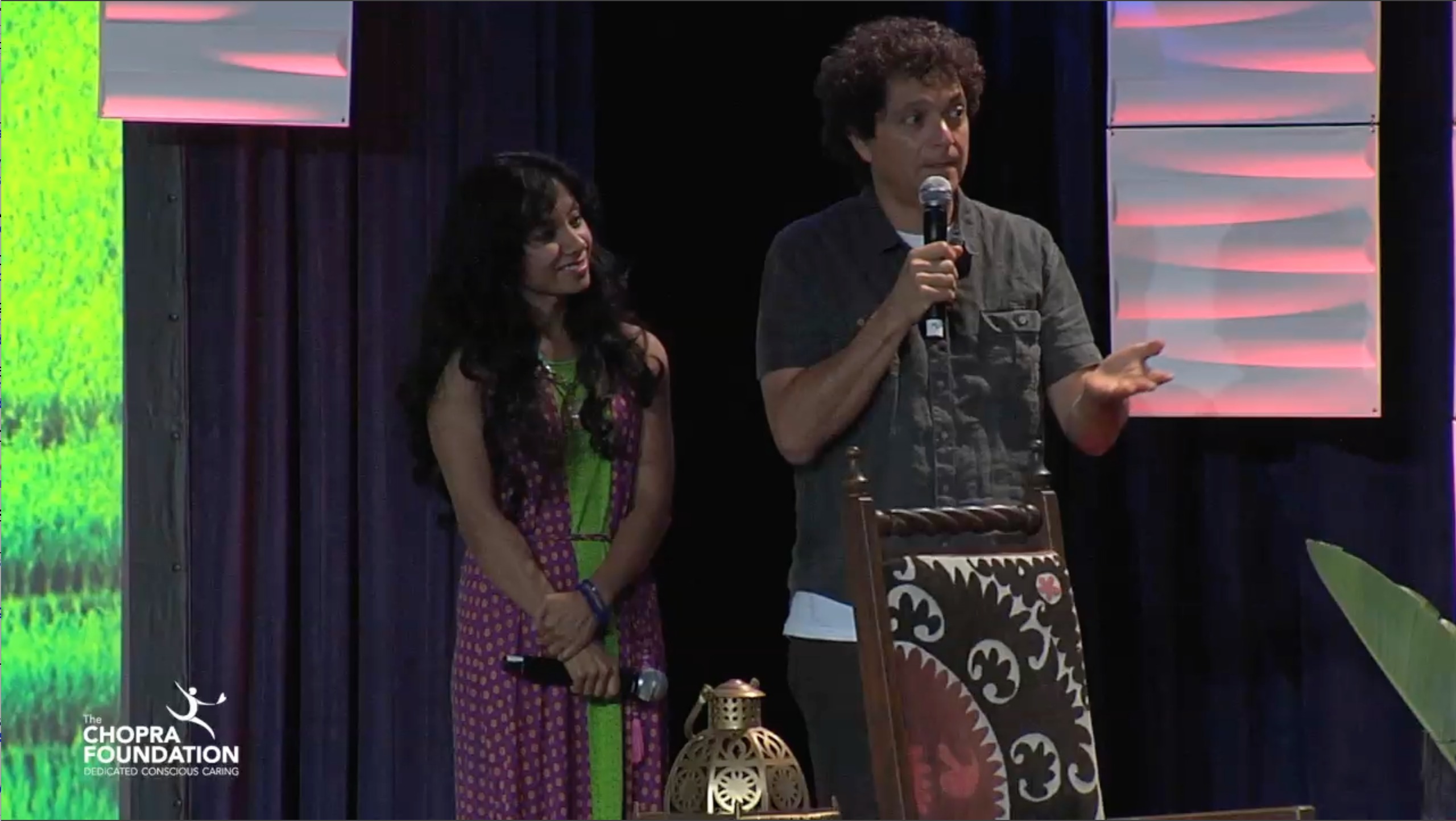 BollyDoll co-creators Amrita Sen and Anthony Marinelli speaking and performing at Deepak Chopra's Sages and Scientists Symposium (2014)