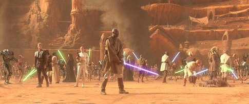 Surrounded by a powerful army, the Jedi and their allies are prepared to fight to the end in Star Wars: Episode II Attack of the Clones. Leading the fight are (from left) Anakin Skywalker (Hayden Christensen), Padmé Amidala (Natalie Portman), Mace Windu (Samuel L. Jackson), and Obi-Wan Kenobi (Ewan McGregor).