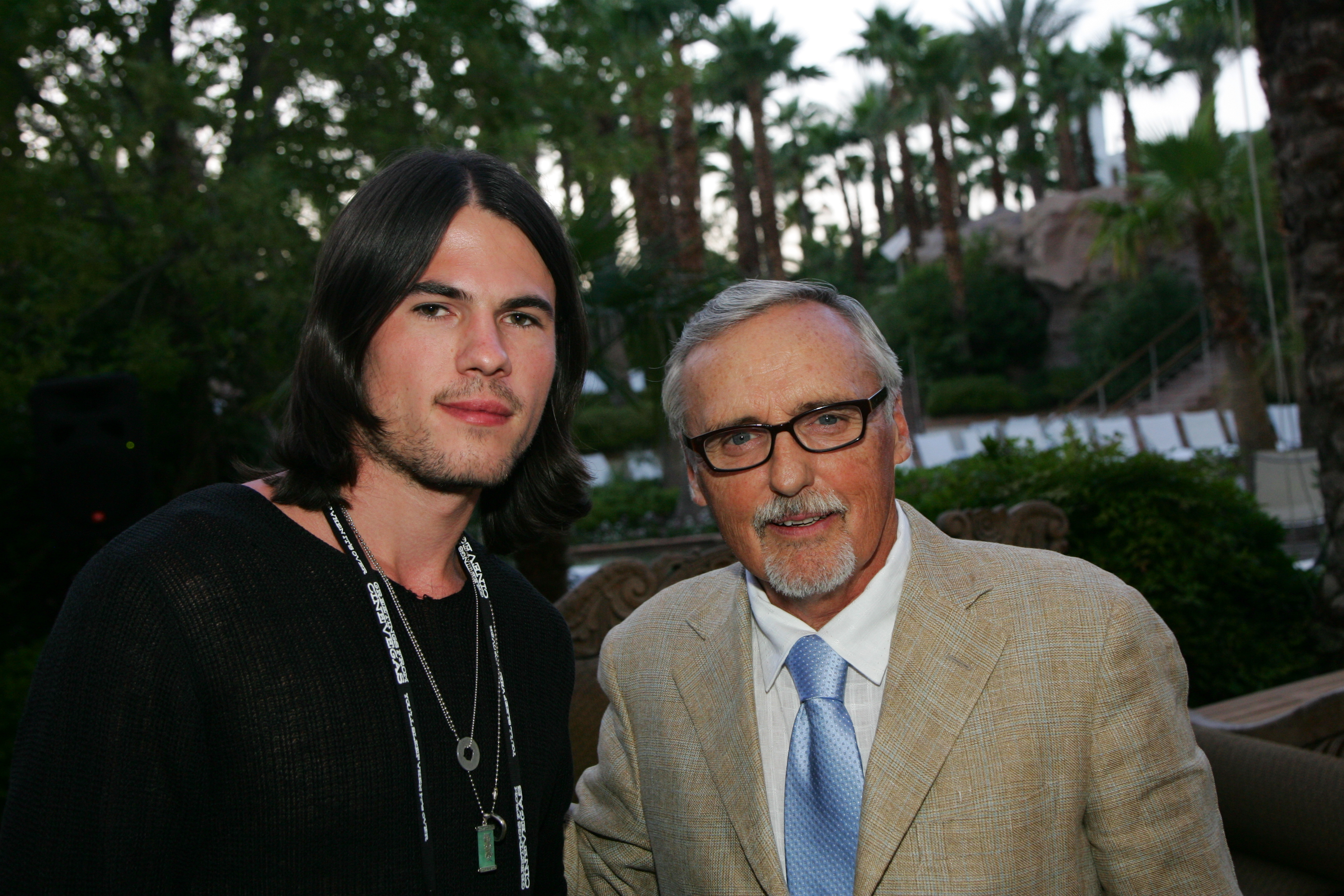 Actor Chandler Rylko from the film 'Have Love, Will Travel' (L) and actor and chair of the CineVegas creative advisory board Dennis Hopper. Both were attending the 'Jackpot Premieres' dinner sponsored by Mean Magazine held at Simon Kitchen & Bar inside the Hard Rock Hotel & Casino, during the CineVegas film festival on June 11, 2007 in Las Vegas, Nevada.