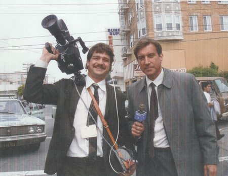 Brad and Philip Lederer as Camera Man and Reporter on set of "Zodiac" directed by David Fincher.  