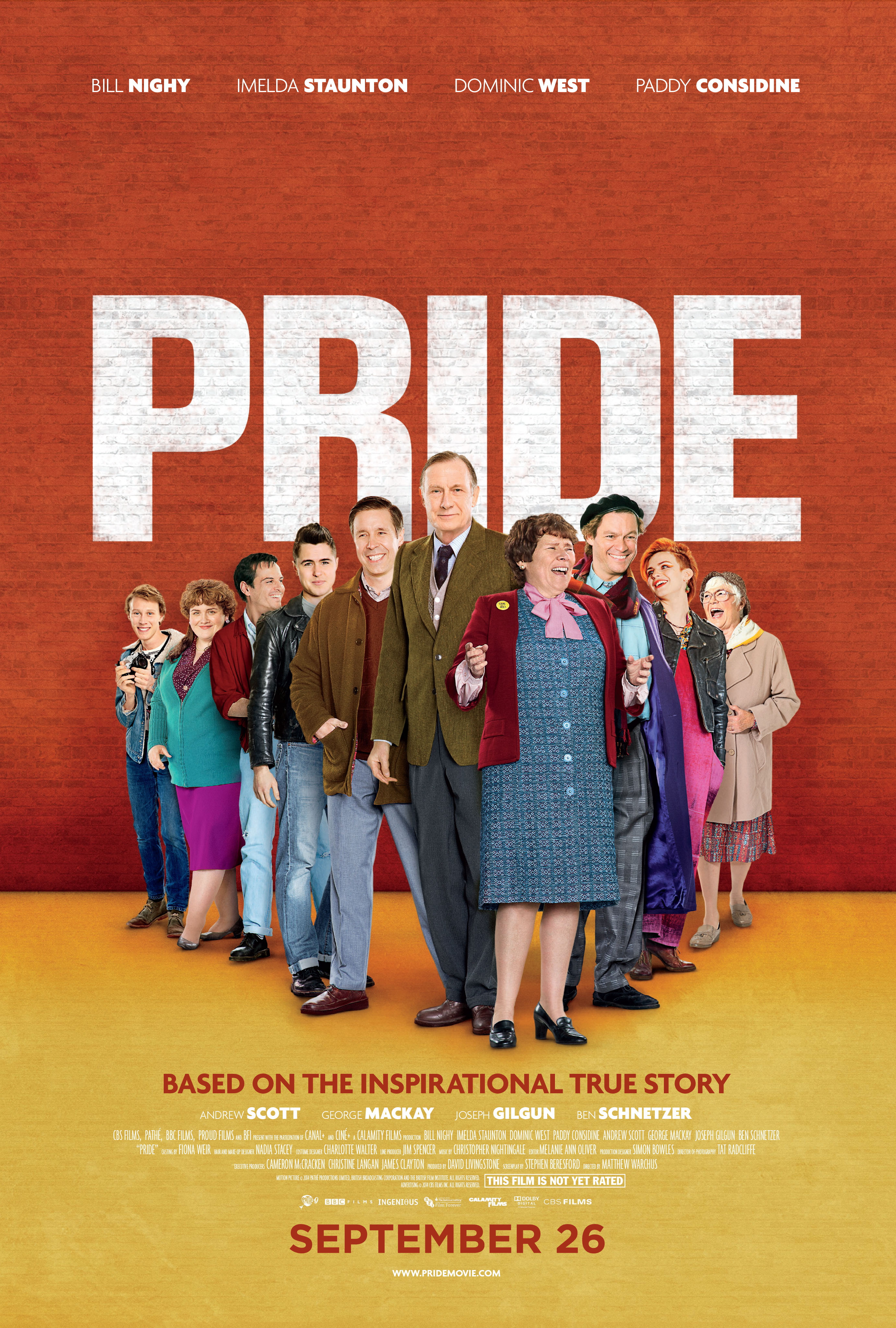 Imelda Staunton, Paddy Considine, Bill Nighy, Andrew Scott, Dominic West, George MacKay, Ben Schnetzer, and Faye Marsay in Pride (2014)