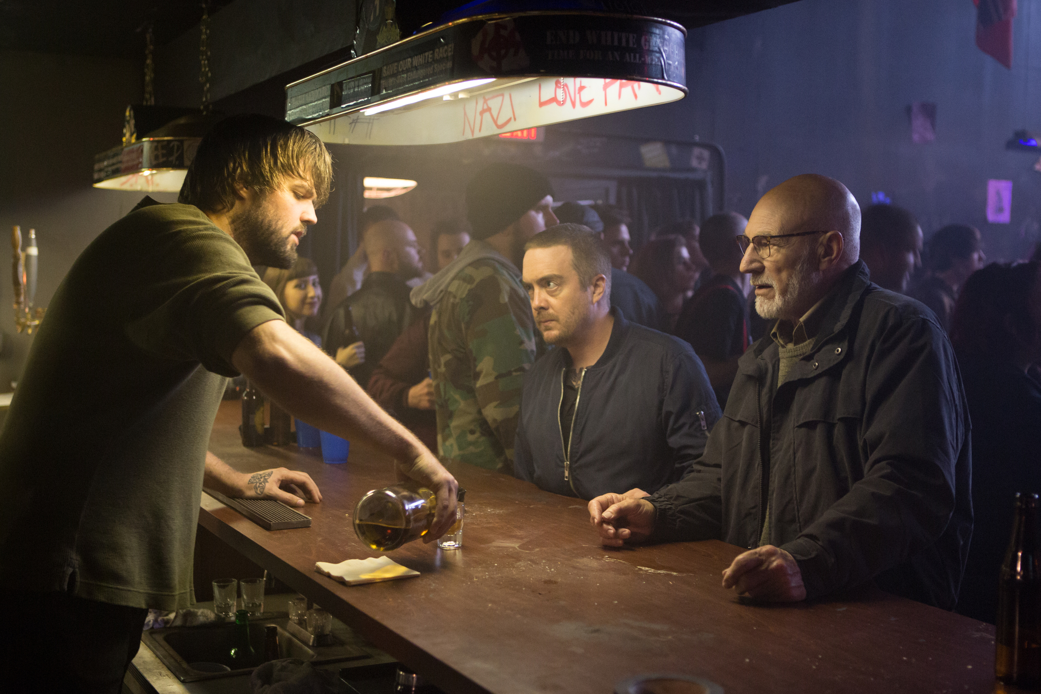 Patrick Stewart, Macon Blair, and Jacob Kasch in Green Room (2015)