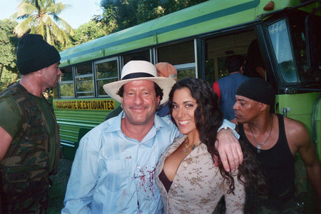 Yvonne DeLaRosa and Joaquim DeAlmeida on the set of "Blue Sombrero". (Co-Stars Mark Thomas and Cylk Cozart in the background) 