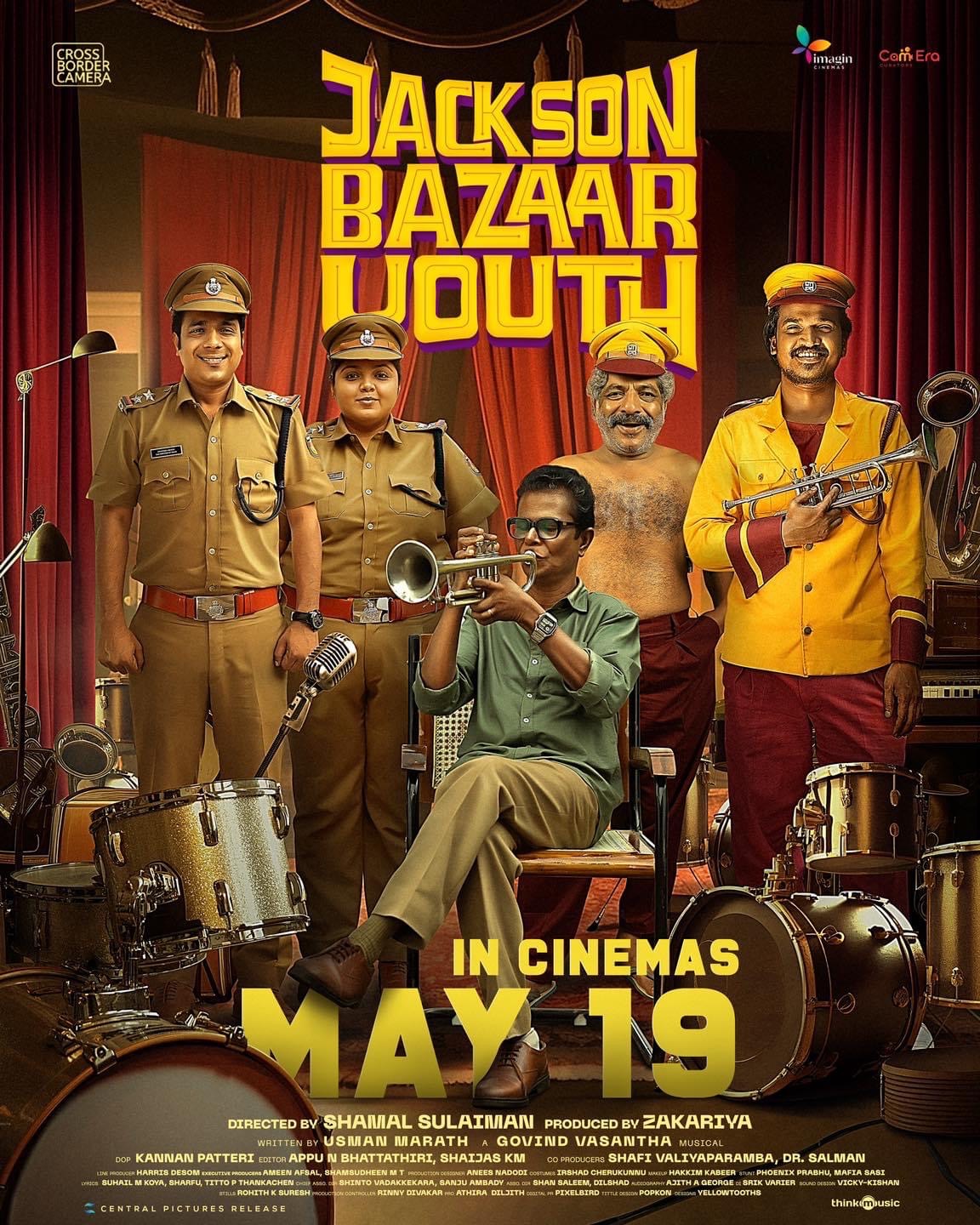 Indrans, Jaffer Idukki, Lukman Avaran, Chinnu Chandni Nair, and Abhiram Radhakrishnan in Jackson Bazaar Youth (2023)