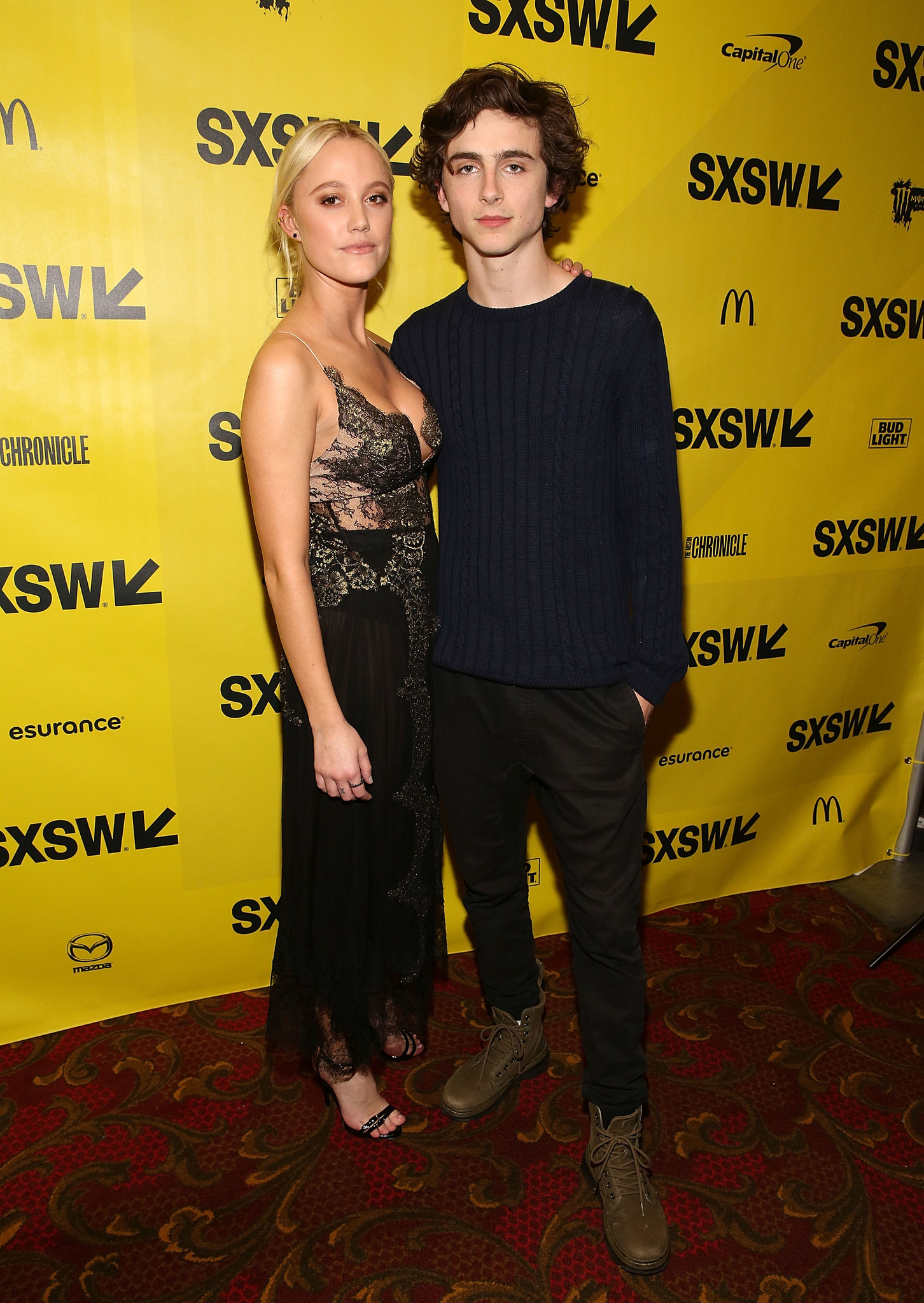 Maika Monroe and Timothée Chalamet at an event for Những Đêm Hè Nhớ Đời (2017)