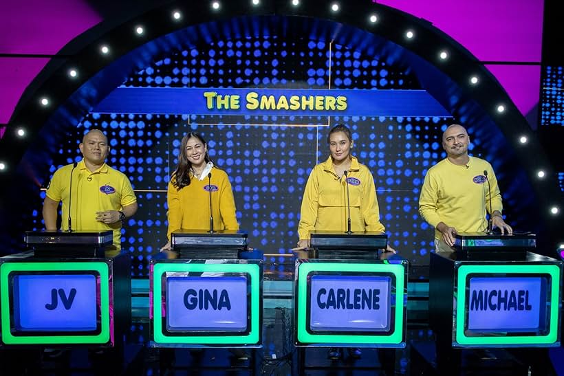 Michael Flores, Gina Lago, JV Villanueva, and Carlene Aguilar in Family Feud (2022)