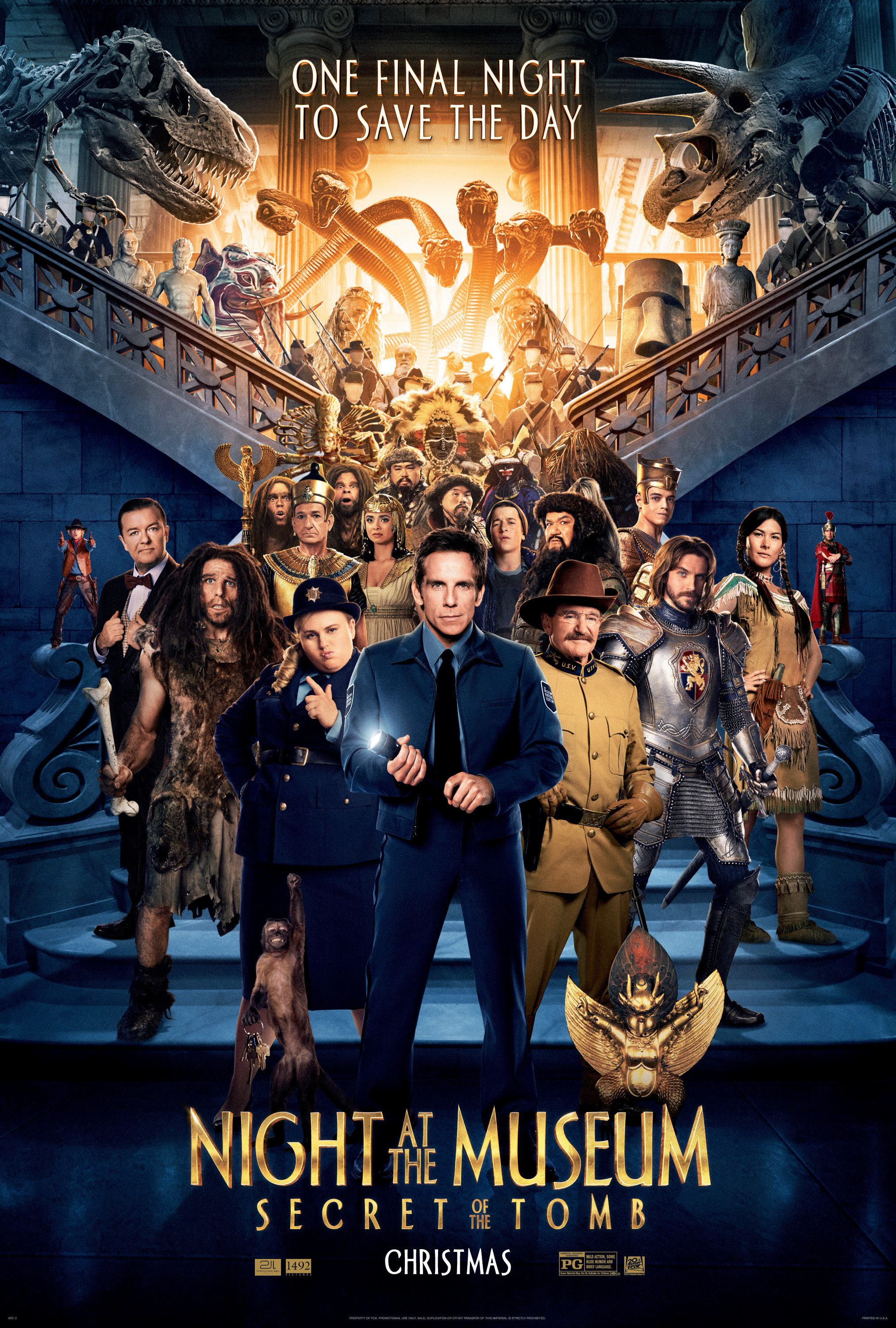 Robin Williams, Ben Kingsley, Ben Stiller, Brad Garrett, Owen Wilson, Steve Coogan, Patrick Gallagher, Ricky Gervais, Matthew Harrison, Randy Lee, Mizuo Peck, Darryl Quon, Jody Racicot, Gerald Wong, Dan Stevens, Anjali Jay, Skyler Gisondo, Rami Malek, Rebel Wilson, Kerry van der Griend, Paul Cheng, and Crystal the Monkey in Đêm Ở Viện Bảo Tàng 3: Bí Mật Hầm Mộ (2014)