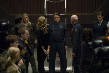 Edward James Olmos, Jamie Bamber, Michael Hogan, Tahmoh Penikett, Katee Sackhoff, Rekha Sharma, and Kate Vernon in Battlestar Galactica (2004)