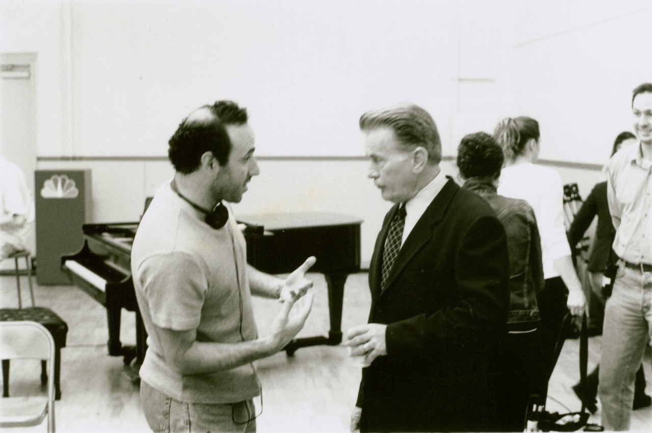 Jason Ensler and Martin Sheen on the set of The Zucker Follies