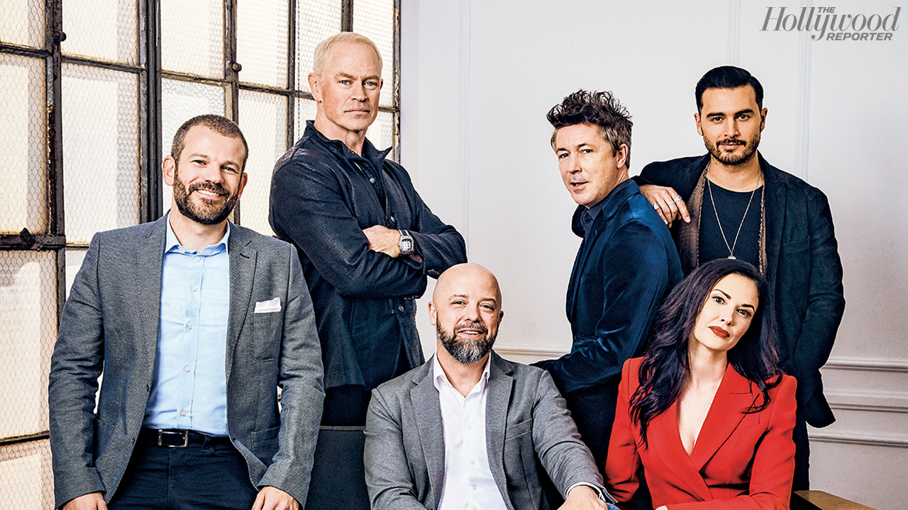 David O'Leary, Neal McDonough, Sean Jablonski, Aidan Gillen, Laura Mennell, and Michael Malarkey at a shoot for The Hollywood Reporter