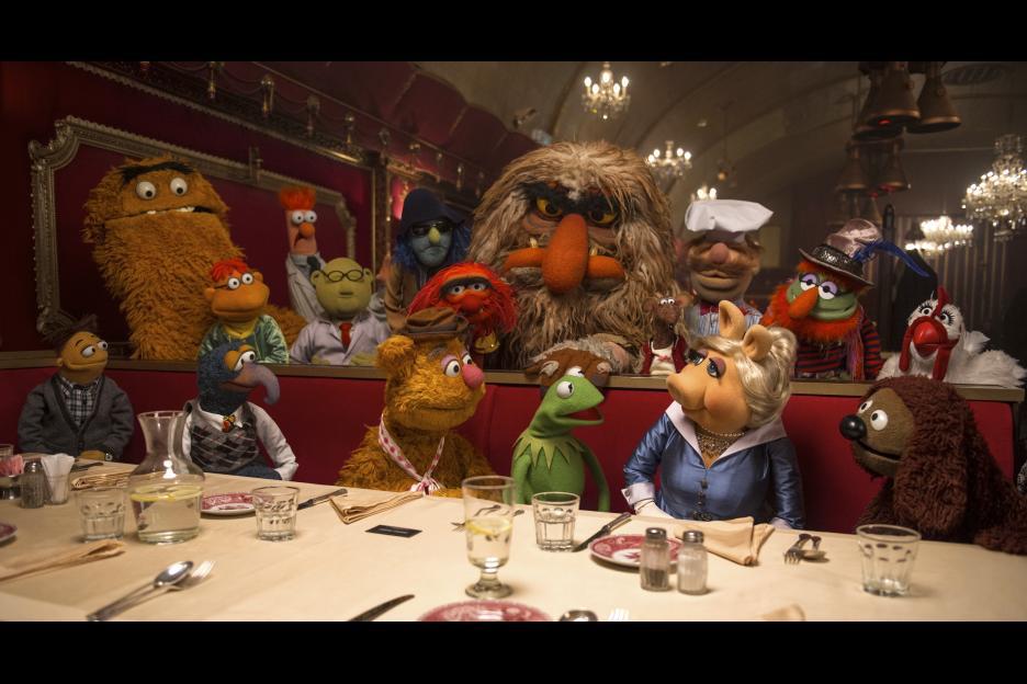 Bill Barretta, Dave Goelz, Peter Linz, David Rudman, Matt Vogel, Steve Whitmire, Rowlf, The Great Gonzo, Eric Jacobson, Walter, Sweetums, Kermit the Frog, Miss Piggy, The Muppets, and Fozzie Bear in Muppets Most Wanted (2014)