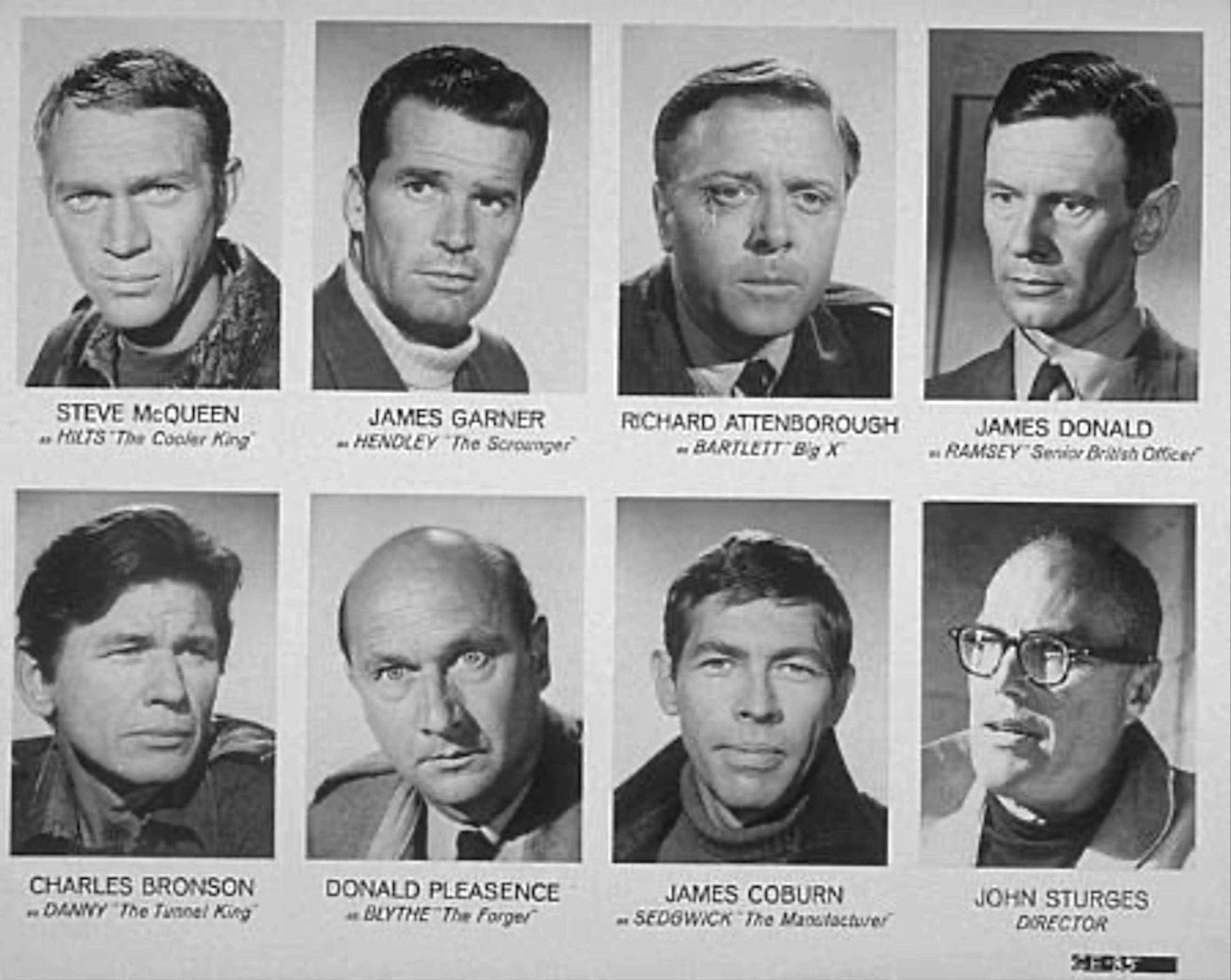 Richard Attenborough, Charles Bronson, James Coburn, Steve McQueen, Donald Pleasence, James Garner, James Donald, and John Sturges in Cuộc Đào Thoát Vĩ Đại (1963)