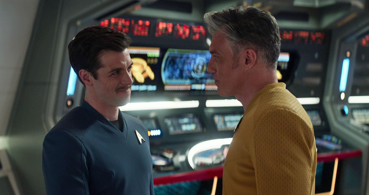 Sam Kirk (Dan Jeannotte) and Captain Christopher Pike (Anson Mount) in Star Trek: Strange New Worlds