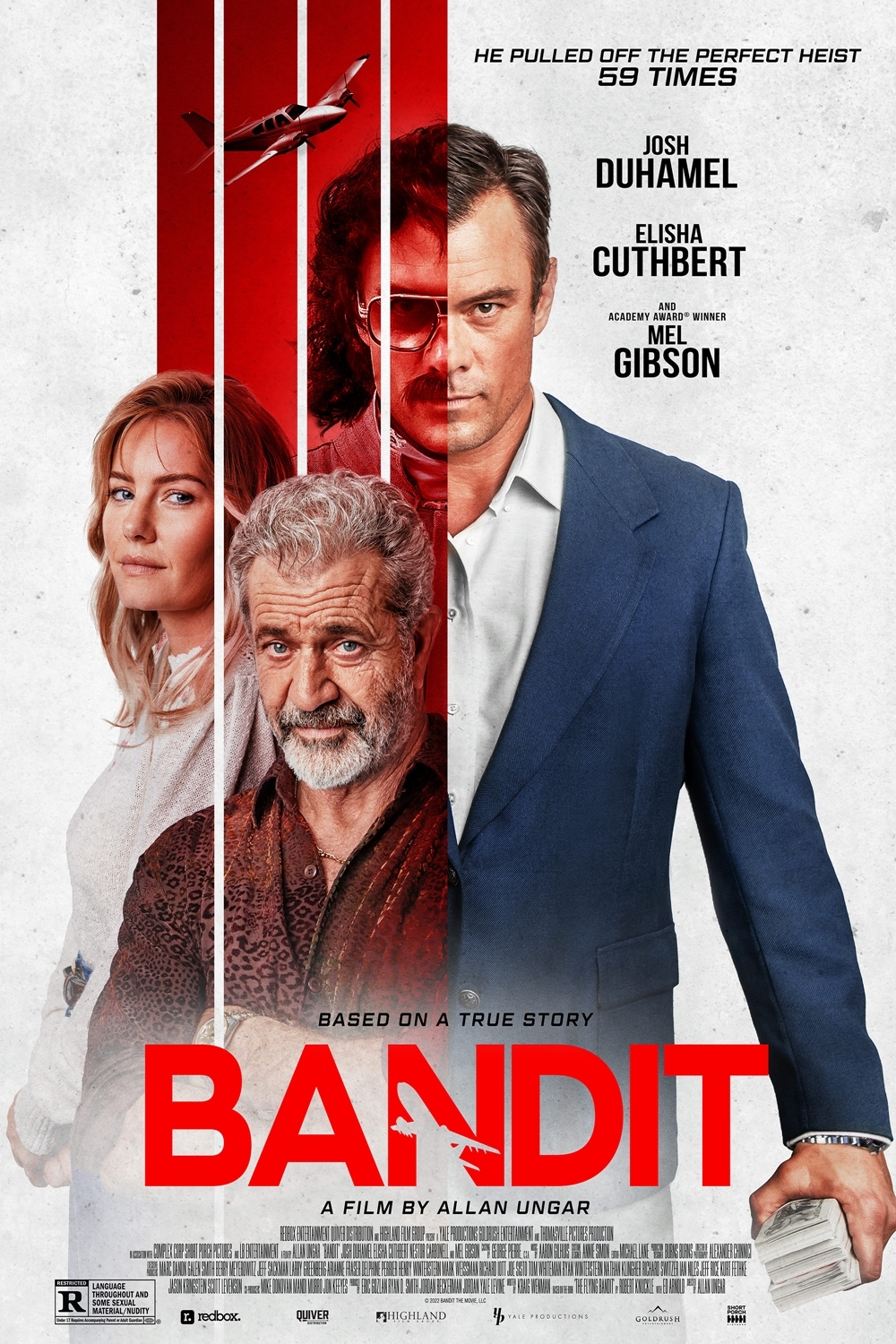 Mel Gibson, Elisha Cuthbert, and Josh Duhamel in Bandit (2022)