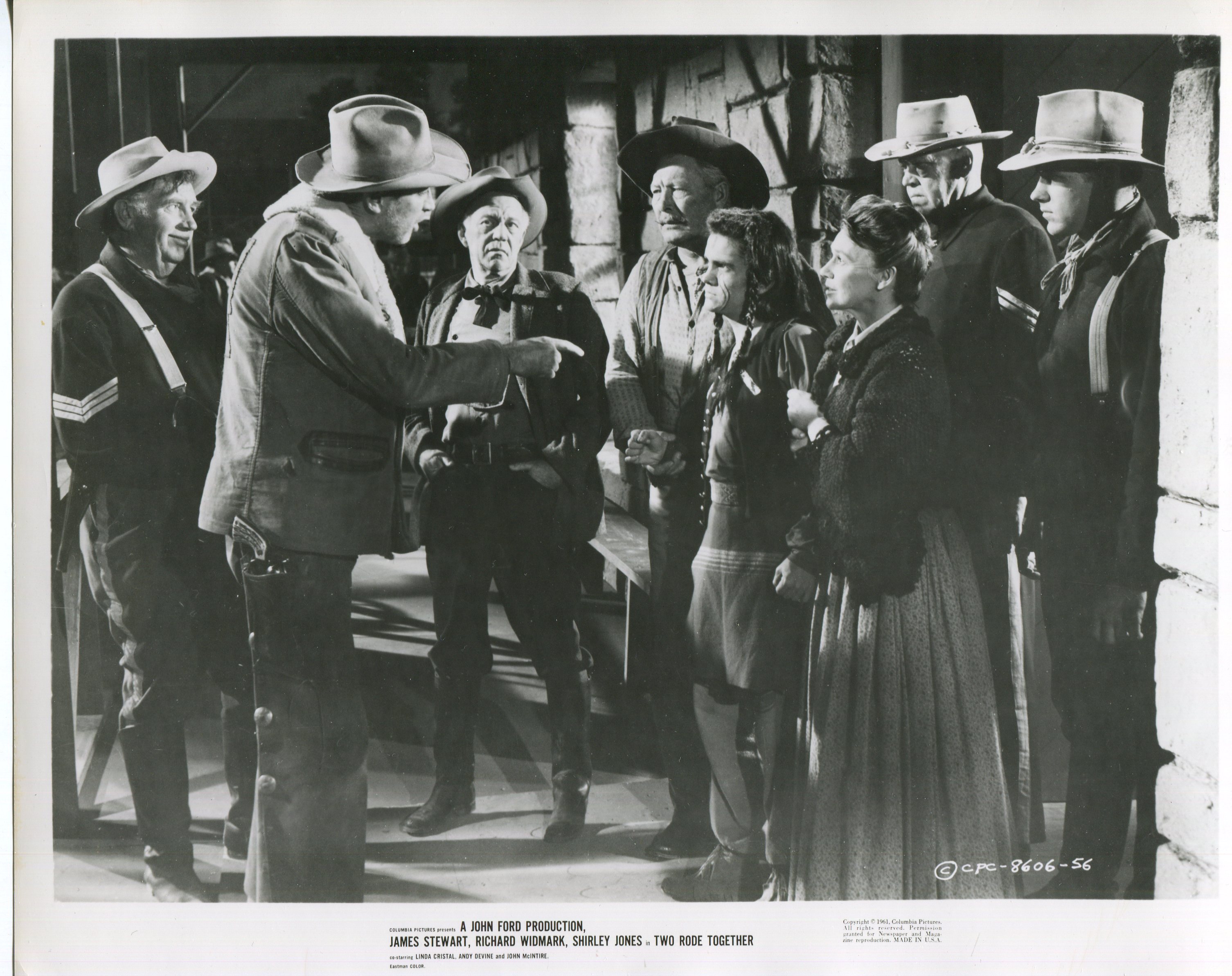 James Stewart, Willis Bouchey, Olive Carey, Andy Devine, David Kent, Cliff Lyons, Jeanette Nolan, and Jack Pennick in Two Rode Together (1961)