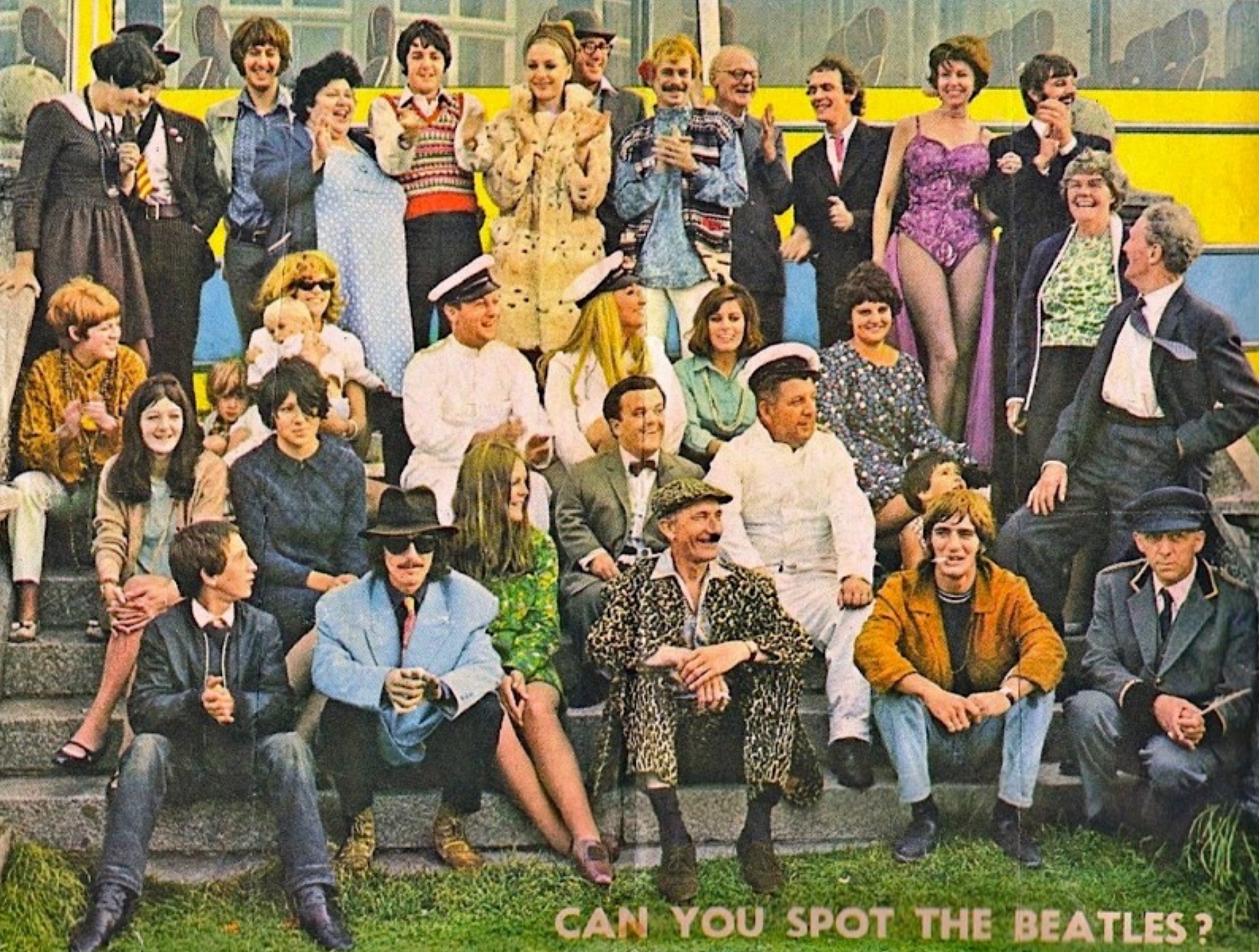 Paul McCartney, John Lennon, Neil Aspinall, George Claydon, Ivor Cutler, Mal Evans, Miranda Forbes, George Harrison, Nat Jackley, Jessie Robins, Derek Royle, Ringo Starr, The Beatles, Magic Alex, Nicola Hale, Freda Kelly, Alf Manders, and Leslie Cavendish in Magical Mystery Tour (1967)