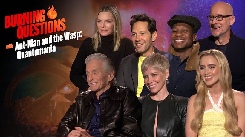 Michael Douglas, Michelle Pfeiffer, Peyton Reed, Paul Rudd, Kathryn Newton, Evangeline Lilly, and Jonathan Majors in Burning Questions With 'Ant-Man and the Wasp: Quantumania' (2023)